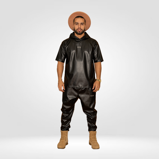 FAUX LEATHER T-SHIRT AND PANTS SET